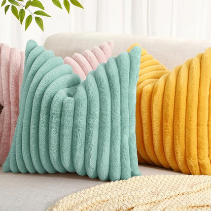 decorUhome Faux Fur Spring Throw Pillow Covers 16x16 Set of 2, Decorative Soft Plush Striped Neutral Couch Pillow Covers with Velvet Back for Sofa, Bed, Living Room Home, Aqua