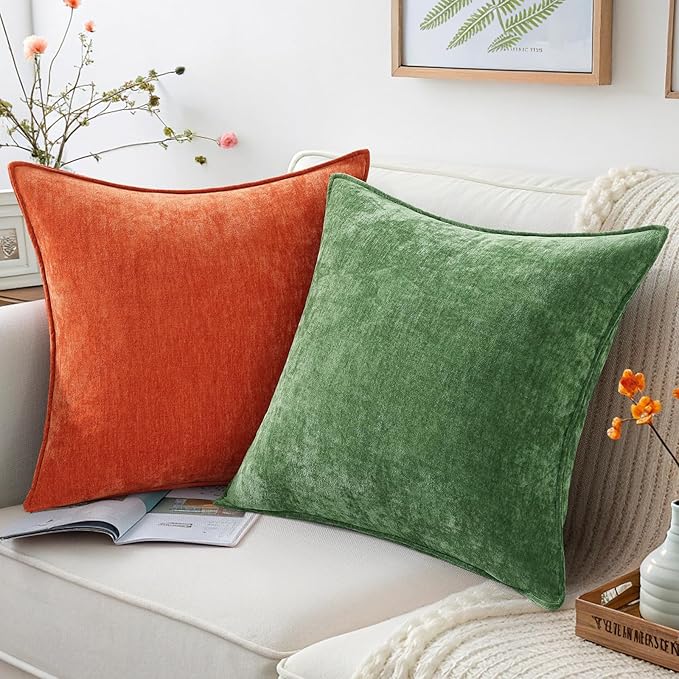 decorUhome Spring Couch Euro Sham Throw Pillow Covers 22x22 Set of 2, Decorative Soft Velvet Neutral Chenille Pillow Covers with Elegant Design for Sofa Bed Living Room Home Decor, Moss Green