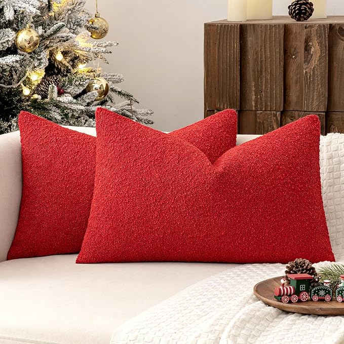 MIULEE 12x20 Inch Christmas Decorative Lumbar Throw Pillows for Bed Set of 2 Textured Boucle Neutral Winter Throw Pillow Covers Red Accent Solid Pillowcases Sofa Livingroom Home Decor