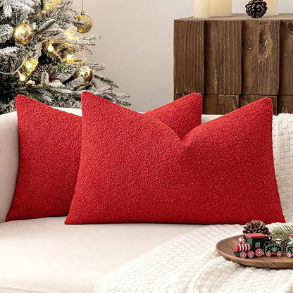 MIULEE 12x20 Inch Christmas Decorative Lumbar Throw Pillows for Bed Set of 2 Textured Boucle Neutral Winter Throw Pillow Covers Red Accent Solid Pillowcases Sofa Livingroom Home Decor