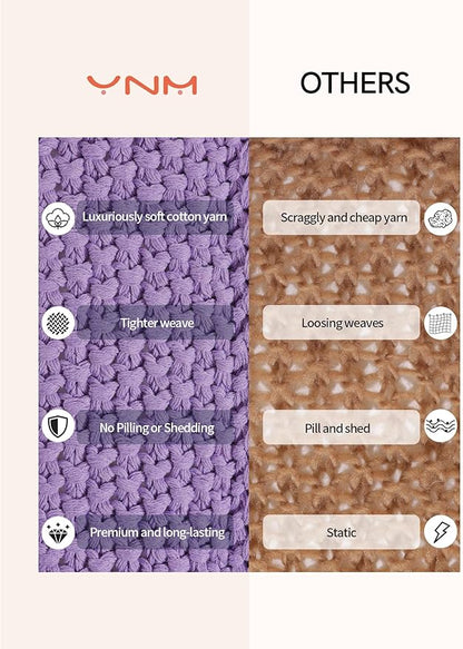 YnM Chunky Cotton Knit Throw Blanket, Cable Knit Throws for Bed Couch Sofa, Comfy & Relaxing, Decorative Piece for Farmhouse Modern Boho Rustic Scandinavian Chic Vibe, Lilac Purple 50x60 Inches