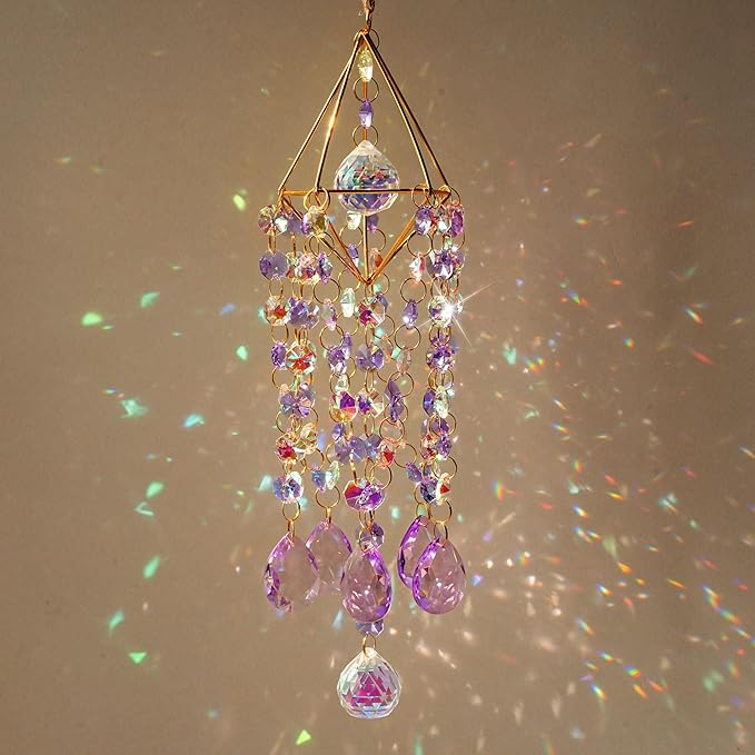 HDCRYSTALGIFTS 21.5inch Crystal Prisms Suncatcher for Window Hanging, Rainbow Maker Crystal Sun Catcher Indoor Window Glass Wind Chimes Home Garden Decor, Purple