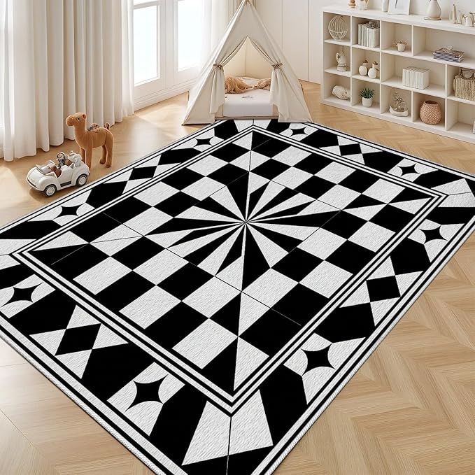 Black and White Checkered Rug, Checkered Rug, Modern Geometric Pattern Carpet, Retro Machine Washable Non Slip Area Rugs, Contemporary Rugs for Living Room/Bedroom 7x9