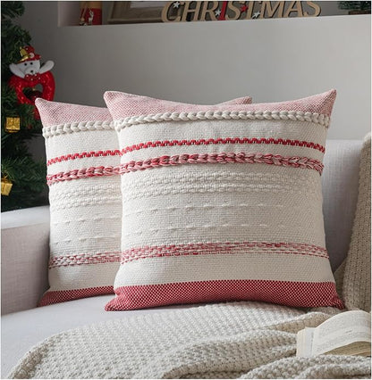 Valentines Pillow Covers 18x18 Inch Set of 2, Red Textured Boho Valentines Day Decoration Pillow Cases for Farmhouse Home Decor, Accent Cushion Cover for Sofa, Bed, Living Room, Bedroom