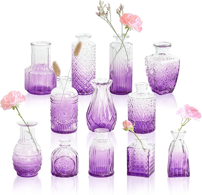 Amethyst Purple Ombré Glass Bud Vases Set of 12, Vintage Small Flower Vases for Centerpiece, Boho Wedding, Party, Baby Shower, Embossed Assorted Tiny Vase Bulk for Table, Mantel, Home Decor