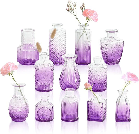 Amethyst Purple Ombré Glass Bud Vases Set of 12, Vintage Small Flower Vases for Centerpiece, Boho Wedding, Party, Baby Shower, Embossed Assorted Tiny Vase Bulk for Table, Mantel, Home Decor
