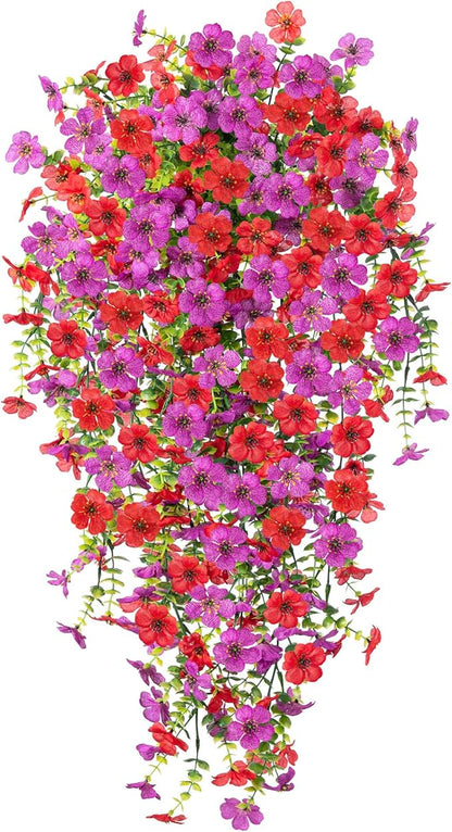 Artificial Hanging Flowers for Outdoors Faux Plants Decoration, 2 Packs Fake Silk Daisy Flower Realistic Outdoor Flowers UV Resistant Porch Patio Window Yard Outside Decor(Red Purple)
