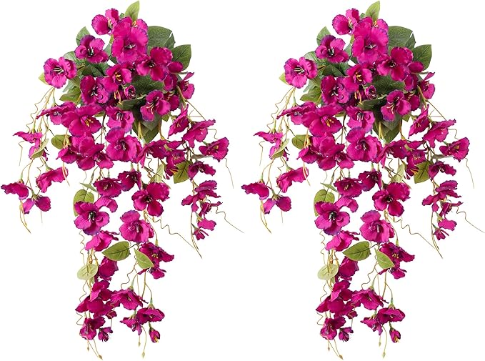 Fake Hibiscus Artificial Hanging Flowers Plants for Outdoors Spring Decoration, 2pcs Silk Hibiscus Vines Realistic UV Resistant Faux Flowers for Outside Planter Porch Patio Yard Wedding Party, Fuchsia