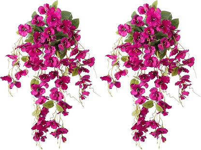 Fake Hibiscus Artificial Hanging Flowers Plants for Outdoors Spring Decoration, 2pcs Silk Hibiscus Vines Realistic UV Resistant Faux Flowers for Outside Planter Porch Patio Yard Wedding Party, Fuchsia