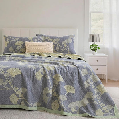 100% Cotton Muslin Jacquard 3 Piece Quilt Set Floral Ginkgo Leaf Print, Soft 3 Layers Gauze Bed Cover Reversible Bedspread Coverlet Breathable Lightweight Bedding Set, Queen