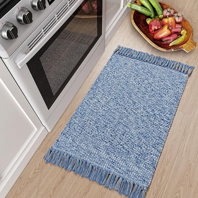 Collive Small Bathroom Rug, 2' x 3' Hand-Woven Low Profile Front Entryway Rug, Navy Blue Cotton Reversible Washable Kitchen Mat Modern Farmhouse Carpet for Foyer Bedroom Back Door Decor