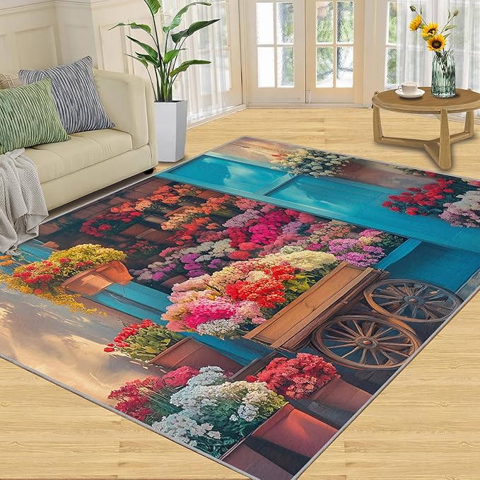 Pastoral Flowers 5x8 Area Rug Colorful Flower Shop Washable Rugs for Living Room Bedroom, Retro Wooden Door Soft Low Pile Non Slip Accent Floor Mat Print Throw Rug Indoor Carpet Dining Room Playroom