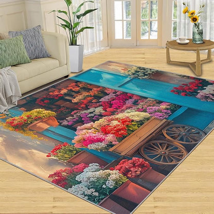 Pastoral Flowers 5x8 Area Rug Colorful Flower Shop Washable Rugs for Living Room Bedroom, Retro Wooden Door Soft Low Pile Non Slip Accent Floor Mat Print Throw Rug Indoor Carpet Dining Room Playroom