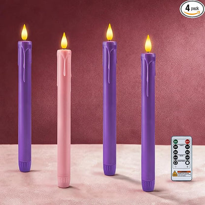 Homemory Flameless Advent Candles, Set of 4, Battery-Operated Flickering LED Candlesticks, Flameless Taper Candles with Remote Timer - 3 Purple, 1 Pink for Christmas Wreath