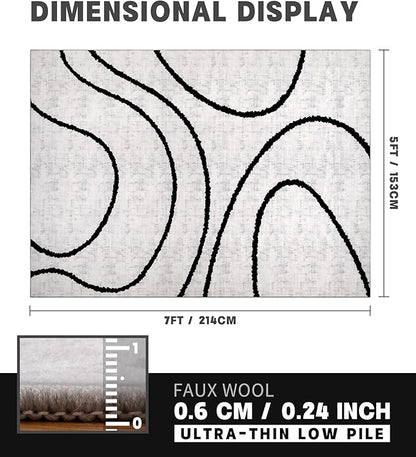 YIHOUSE Modern Area Rugs for Bedroom,5x7 Washable Black and White Rug, Thin Abstract Geometric Minimalist Striped Rug, Black Rugs for Bedroom,Kitchen,Dining Room Office