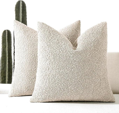 Boucle Decorative Throw Pillow Covers for Couch Set of 2, 26x26 inches, Beige