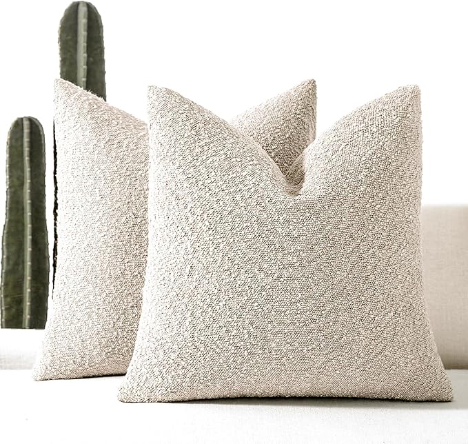 Boucle Decorative Throw Pillow Covers for Couch Set of 2, 18x18 inches, Beige