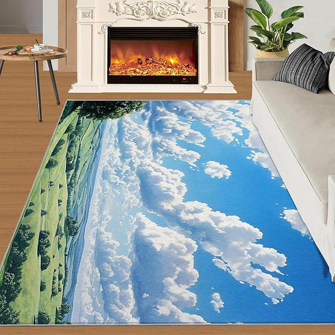 Sky and Clouds 6x9 Area Rugs for Living Room -Grassland and Pasture Washable Rug Rural Landscape Non-Slip Carpet Indoor Floor Stain Resistant Thin Carpets for Bedroom Dining Room Home Office