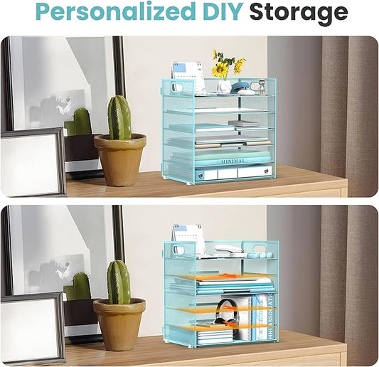 Daltack 6 Tier Paper Organizer for Desk, Paper Letter Tray Organizer for Desks, Mesh Desk File Organizers with Handle for Office, Home, School, Blue