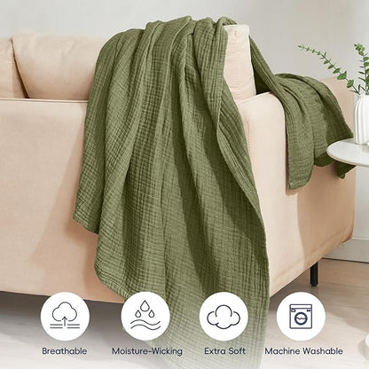 PHF 100% Cotton Muslin Blanket Twin XL Size 66"x90", 4-Layer Lightweight Gauze Throw, Breathable Cloud-Soft Minimalist Blanket for Bed, Couch, Camping & Baby, Olive Green, Ideal Gift