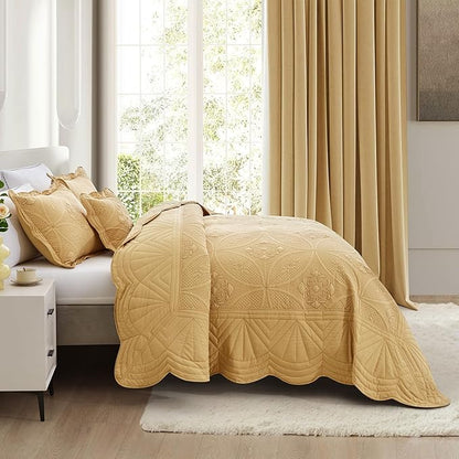 Oversized Bedspread - King Size Bedding Cover - Modern & Contemporary Coverlet Set, Real Stitching, Reversible, Lightweight, 5 Piece, Honey Gold