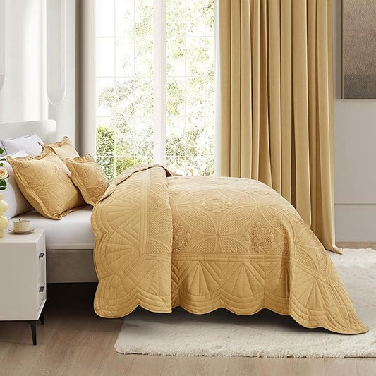 Oversized Bedspread - Queen Size Bedding Cover - Modern & Contemporary Coverlet Set, Real Stitching, Reversible, Lightweight, 5 Piece, Honey Gold