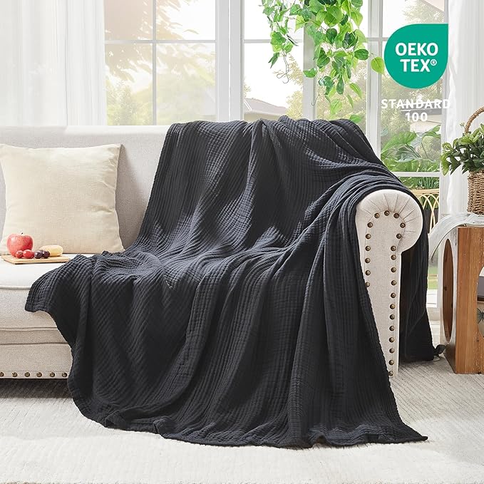 EMME Cotton Muslin Twin XL Blanket Breathable Gauze Blanket Soft Lightweight Blankets Adults Gifts for Women (Black, 66"x90")