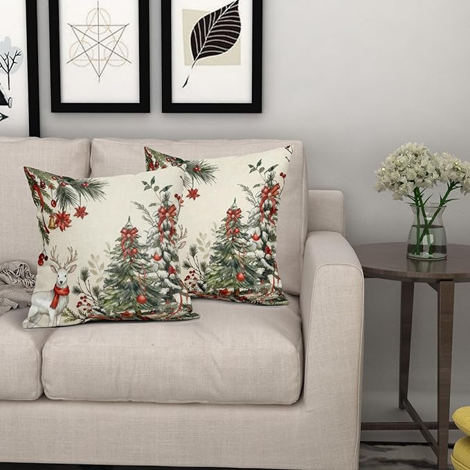 Christmas Pillow Covers 24x24 Set of 2 Green Tree Throw Pillow Covers Winter Pillowcase Linen Decoration Farmhouse Bell Deer Cozy Soft Cushion Case Couch for Indoor Outdoor Home Decor
