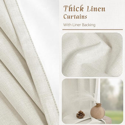 LAMIT Natural 100% Blackout Linen Curtains, 72 Inches Linen Textured Thermal Bedroom Curtains Back Tab and Rod Pocket Neutral Panels with White Liner for Farmhouse, 2 Panels, 42 x 72 Inch, Ivory
