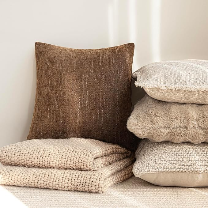 Foindtower Set of 2 Soft Textured Chenille Throw Decorative Pillow Covers Square Accent Solid Cushion Cover Cozy Neutral Farmhouse Pillow Case for Couch Sofa Bedroom Living Room 24x24 Inch,Dark Bronze