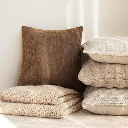 Foindtower Set of 2 Soft Textured Chenille Throw Decorative Pillow Covers Square Accent Solid Cushion Cover Cozy Neutral Farmhouse Pillow Case for Couch Sofa Bedroom Living Room 24x24 Inch,Dark Bronze
