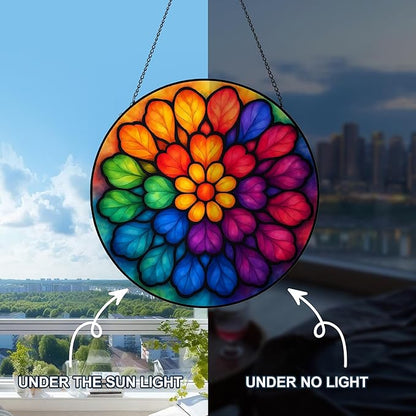 Stained Glass Window Hanging, Rainbow Mandala Meditation Sun Catcher, Stained Glass Panels for Indoor Windows Wall Art Decor, Birthday Gift for Mom Women Wife Lovers (7.87inch)