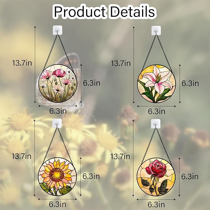 Stained Glass Window Hanging 4 Pcs Set Lily Rose Sunflower Poppy 6.3" - Flower Suncatcher Door Garden Sun Catcher Decor Birthday Mother's Day for Wife Woman Nana Girl