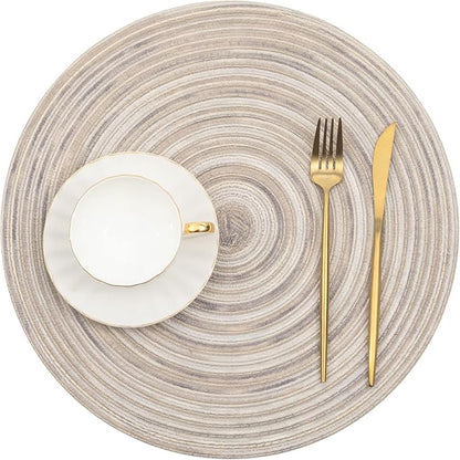 SHACOS Round Braided Placemats 15 inch Set of 4 Variegated Washable Kitchen Table Placemats for Home Wedding Party (Rainbow Gray, 4)