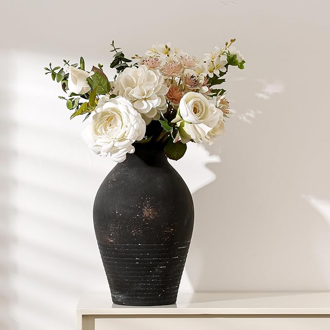 Black Ceramic Flower Vase, 9.17 Inch Pottery Rustic Vase for Shelf,Tabletop, Vintage Farmhouse Home Decor for Coffee Table, Living Room,Mantle, Fireplace, Entryway