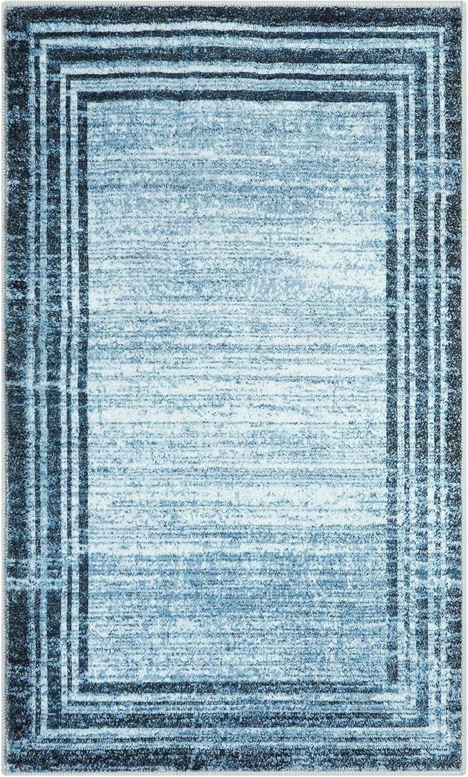Lahome Modern Abstract 3x5 Rug,Washable Blue Throw Rugs for Entryway Indoor Non-Slip,Low-Pile Soft Area Rug Minimalist Bordered Carpet for Kitchen Bathroom Bedroom