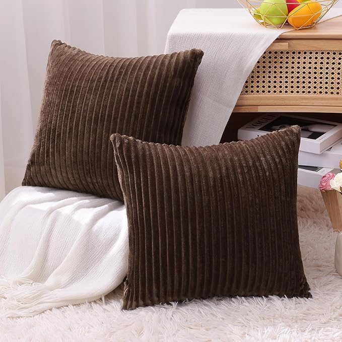 Simmore Decorative Spring Euro Sham Throw Pillow Covers 24x24 Set of 2, Soft Natural Plush Flannel Double-Sided Fluffy Couch Pillow Covers for Sofa Living Room, Brown