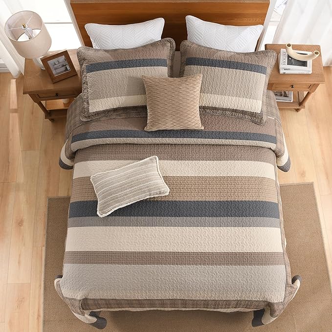 EWlinens Oversized California King Bedspread Set 120"x128" - 100% Cotton Extra Large Quilts Cal King Size, Farmhouse Patchwork Striped Plaid Bedspreads for All Season, 3 Pieces, Dark Brown/Beige/Gray
