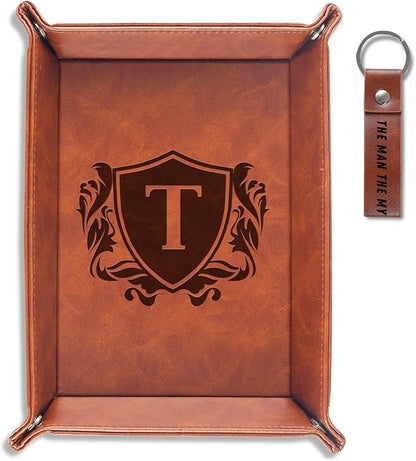 INNObeta Initial Valet Tray, Desktop Storage Organizer, PU Leather Bedside Tray Key Coin Holder, Personalised Gifts for Men, Birthday, Christmas, Letter T