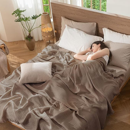 MooMee Muslin Blanket - 100% Cotton 4-Layer Gauze Throw Blanket with Tassels Ultra-Soft Breathable Lightweight Cooling for Bed Couch (Brown,Super King 108" x 98")