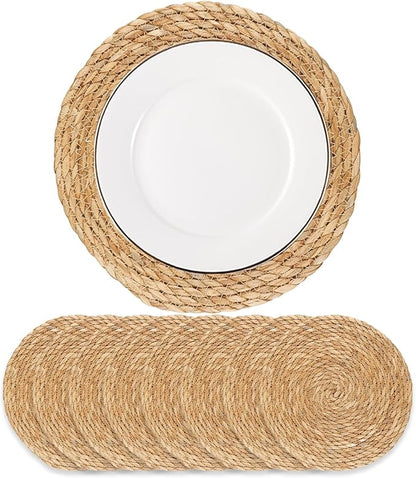 Round Woven Placemats - Boho Rattan Placemat Natural Water Hyacinth Placemats, Farmhouse Weave Place Mats, Rustic Braided Wicker Table Mats for Dining Table,Home,Wedding (13.5 inch Set of 8)