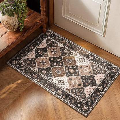 Lessymo Moroccan Washable Rugs for Entryway, Faux Wool 2x3 Small Area Rug for Kitchen Bathroom Corridor - Non-Slip Indoor Door Mat Low Plie Stain Resistant Boho Runner Rug, Taupe and Beige