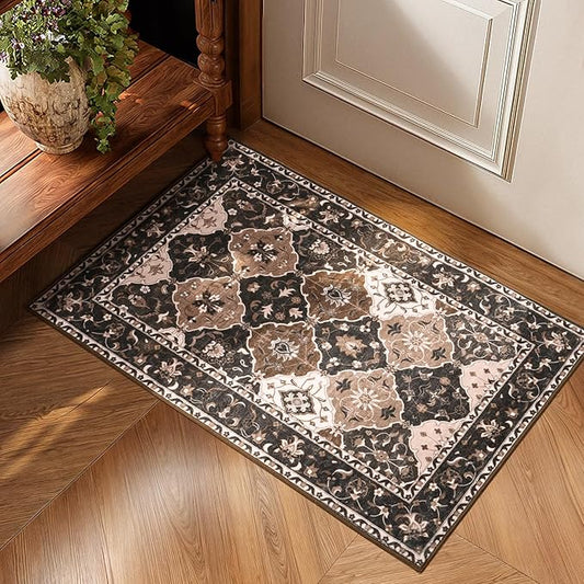Lessymo Moroccan Washable Rugs for Entryway, Faux Wool 2x3 Small Area Rug for Kitchen Bathroom Corridor - Non-Slip Indoor Door Mat Low Plie Stain Resistant Boho Runner Rug, Taupe and Beige