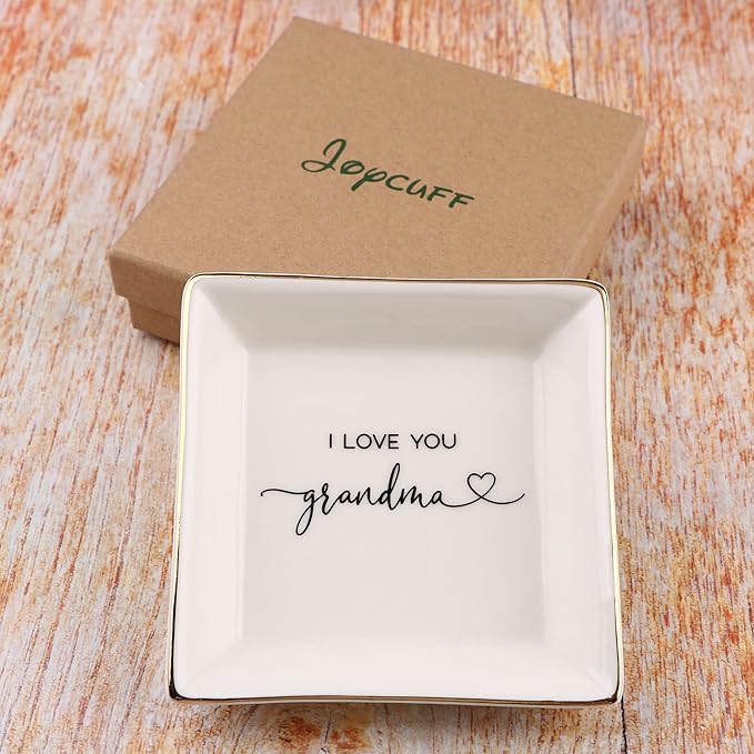 JoycuFF Grandma Gifts, Birthday Mothers Day Gifts for Grandma, Ceramic Trinket Dish Tray Jewelry Ring Earring Organizers Thanksgiving Day Christmas Grandmother Present