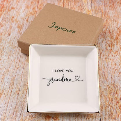 JoycuFF Grandma Gifts, Birthday Mothers Day Gifts for Grandma, Ceramic Trinket Dish Tray Jewelry Ring Earring Organizers Thanksgiving Day Christmas Grandmother Present