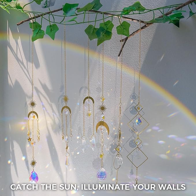 suddus 6pcs Sun Catchers Indoor Window, Hanging K9 Crystals Prism Rainbow Suncatchers for Cat, Christmas, Outdoor, Wall, Garden, Patio, Room, Cute Home Decoration