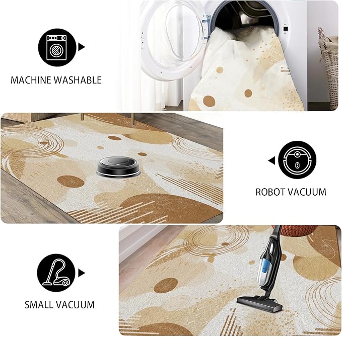 Minimalist Abstract Area Rug 5x8 Beige Boho, Modern Washable Geometric Art Carpet, Soft Non-Slip Low-Pile Carpet for Living Room, Bedroom, Kitchen, Dining Room, Pet Friendly, Non-Shedding, Brown
