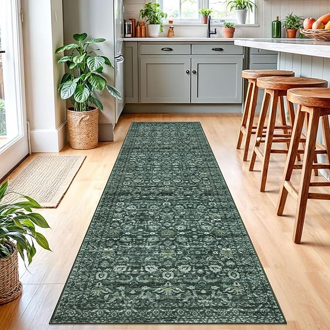 Runner Rug 2.6x10, Dark Green Washable Long Hallway Rug Runner Non-Slip Soft Kitchen Runner Thin Printed Faux Wool Super Soft Carpet for Entryway Bedroom Laundry Room Indoor Home Decor