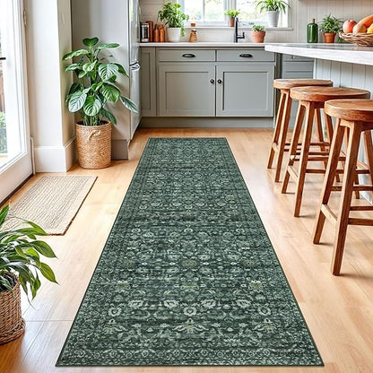 Runner Rug 2.6x10, Dark Green Washable Long Hallway Rug Runner Non-Slip Soft Kitchen Runner Thin Printed Faux Wool Super Soft Carpet for Entryway Bedroom Laundry Room Indoor Home Decor