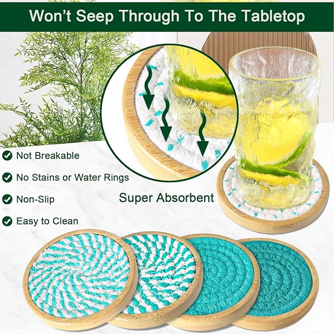 Bamboo Coasters for Drinks, Absorbent Coaster Sets of 5, Woven Drink Coasters for Coffee Table, Housewarming Gift for Farmhouse Home Decor,4 inches (Lake Blue Series)